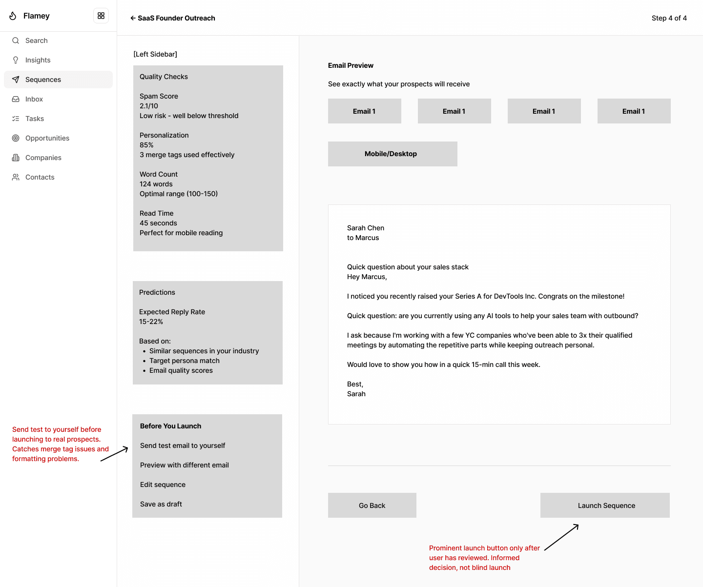 Preview and launch, lo-fi wireframe