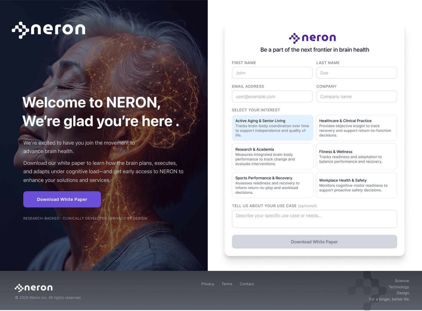 NERON marketing landing page