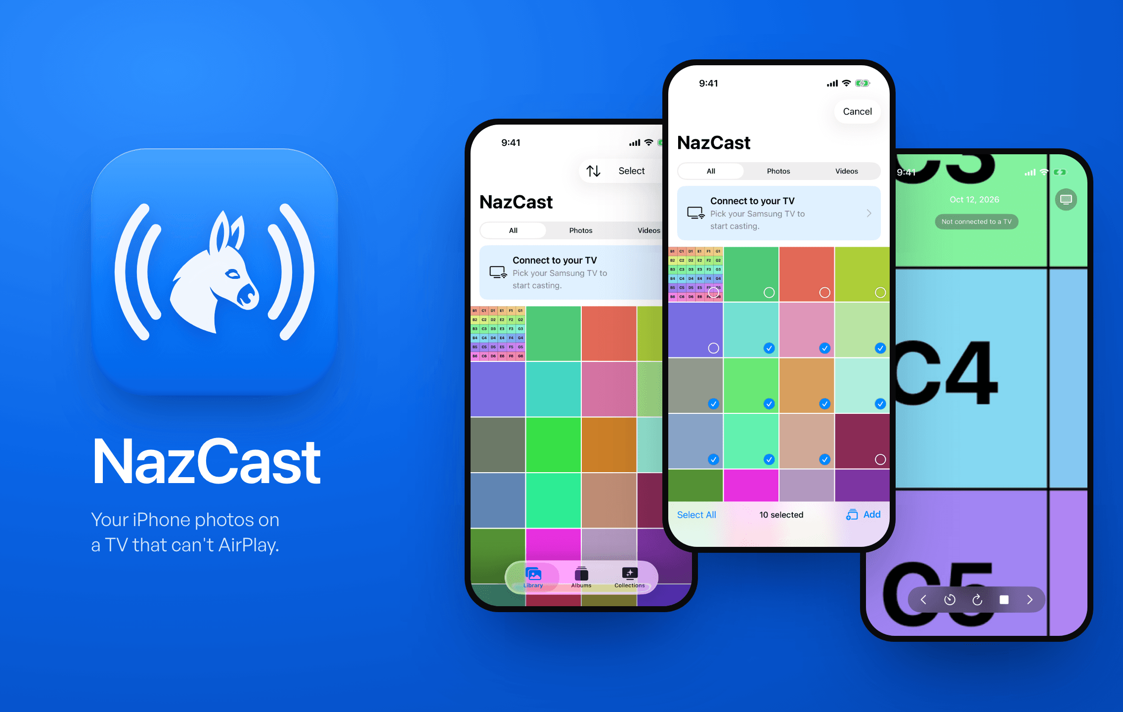 The NazCast app icon, a donkey between two pairs of cast arcs, beside three iPhone screens: the photo library, drag-to-select, and a zoomed photo