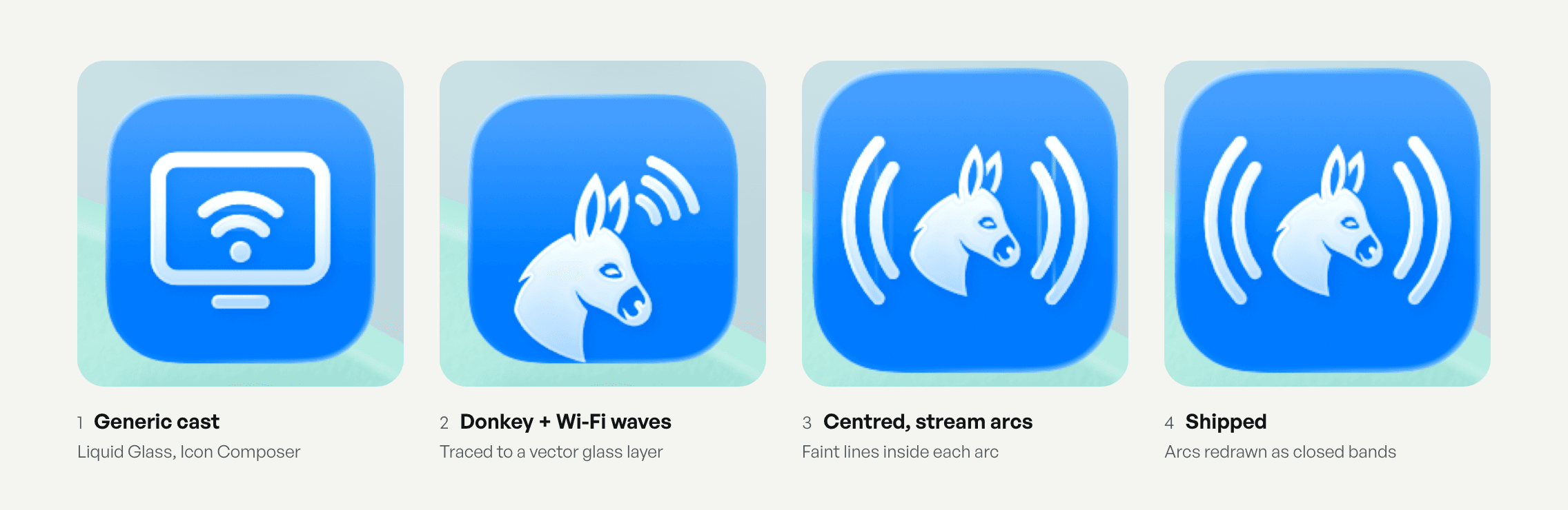 Four icon iterations on the iOS 26 home screen: a TV with Wi-Fi, a donkey with Wi-Fi waves, the donkey between arcs with faint artefact lines, and the final fixed version