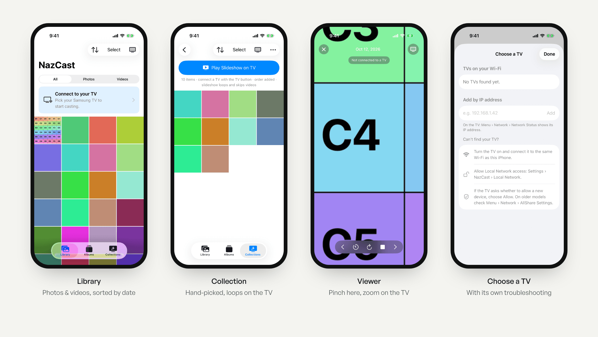 Four NazCast screens: library, collection, zoomed viewer, and the TV picker