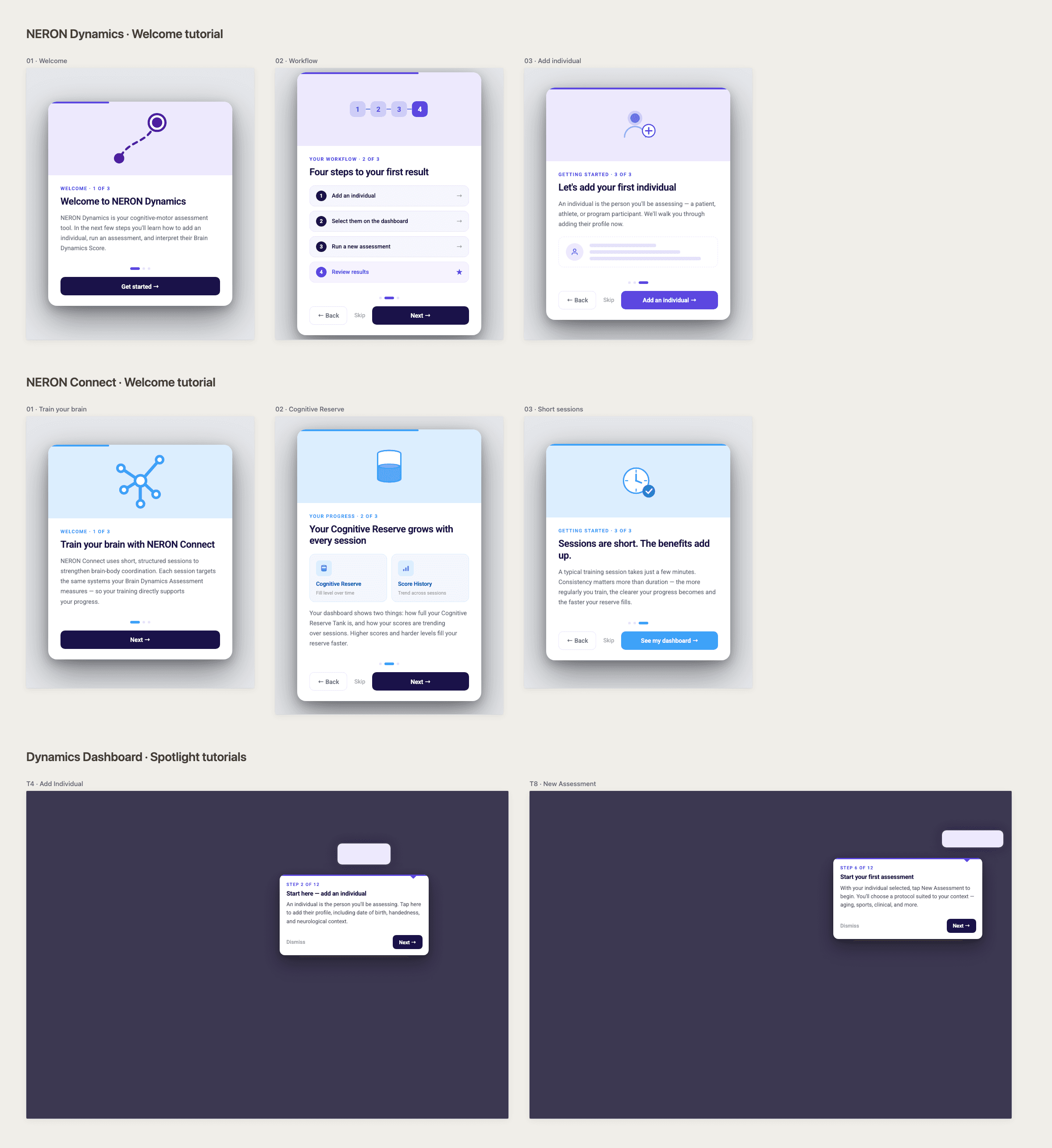 Early Claude Design exploration board with welcome-tutorial modals and spotlight tutorial concepts