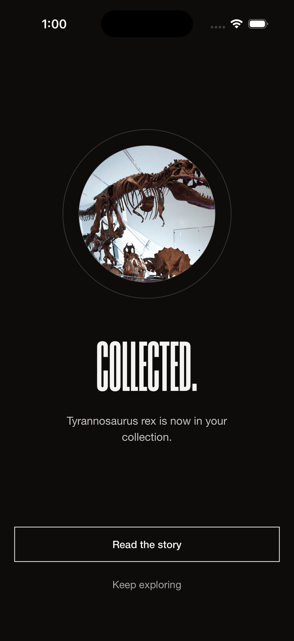 The real app: the Kept moment, a T. rex skeleton photo inside a ring with the headline COLLECTED