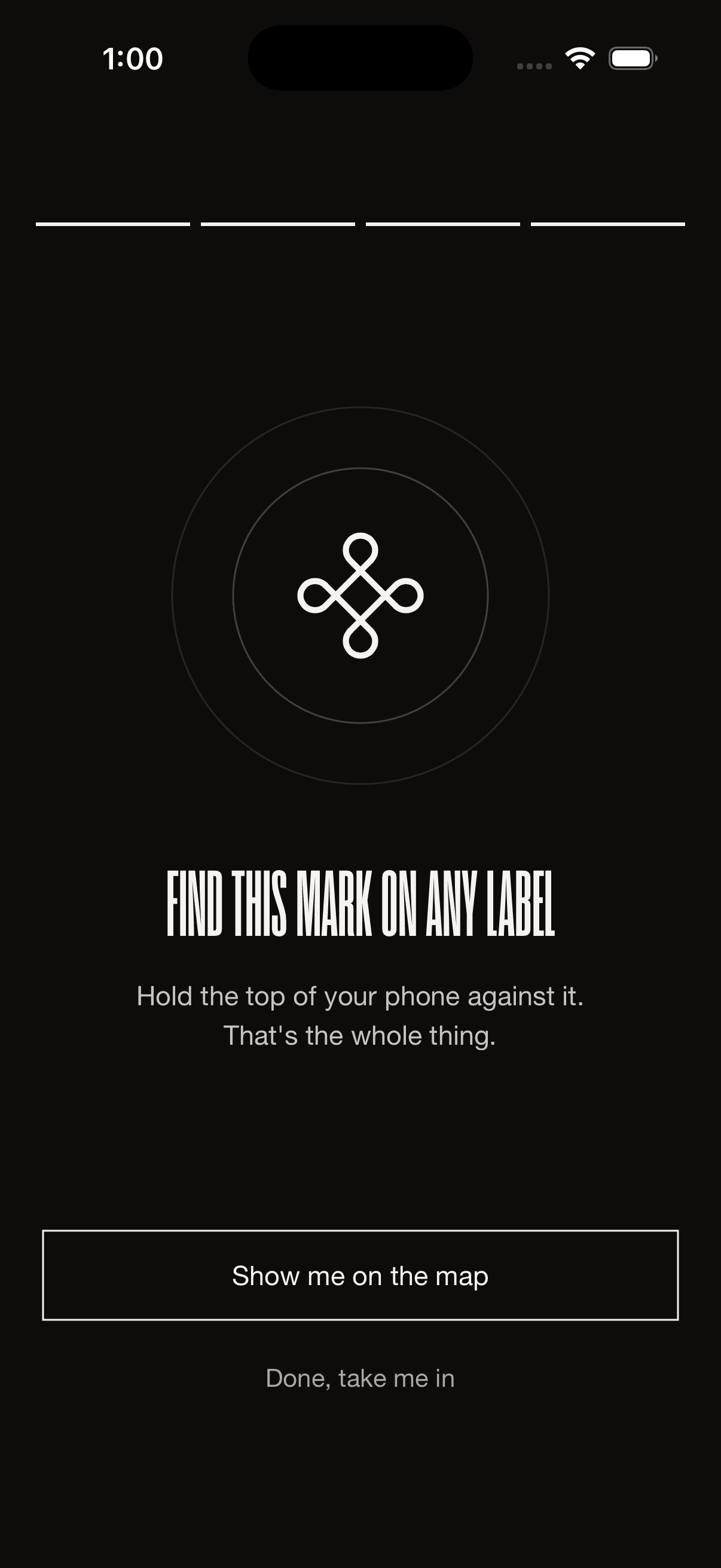 The real app: onboarding screen reading FIND THIS MARK ON ANY LABEL, with the rotunda-knot glyph