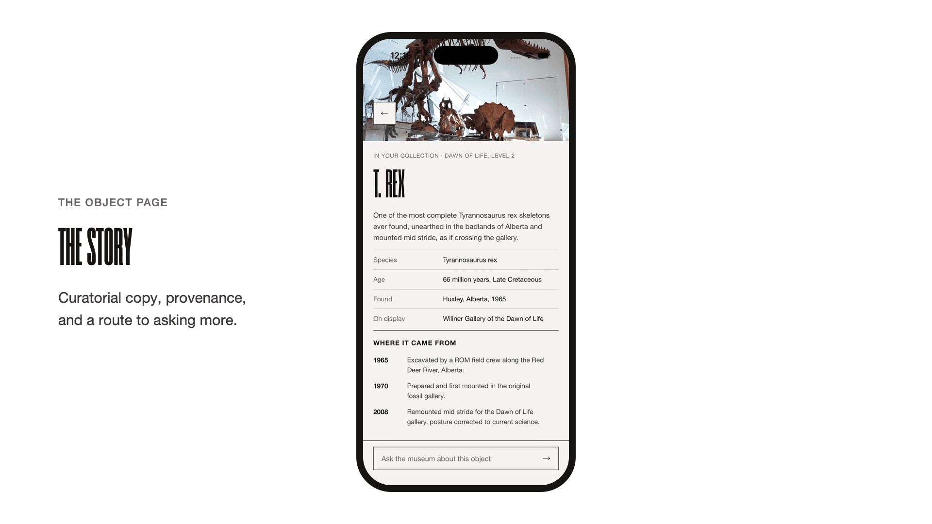 The T. rex object page, with a full-bleed photo, metadata rows, and a provenance timeline